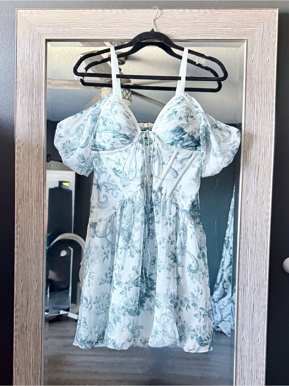 ASOS White and Sage Blue Green Floral Mini Dress Off Shoulder Corset Sweetheart